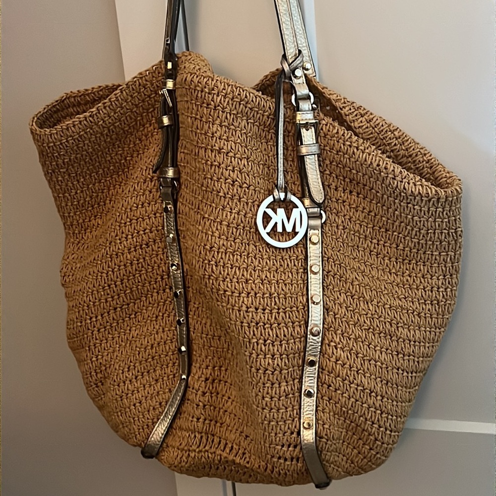 Michael Kors Large Studded Straw Shopper Tote Beach Bag Shoulder Bag Rattan Bag - Picture 3 of 6